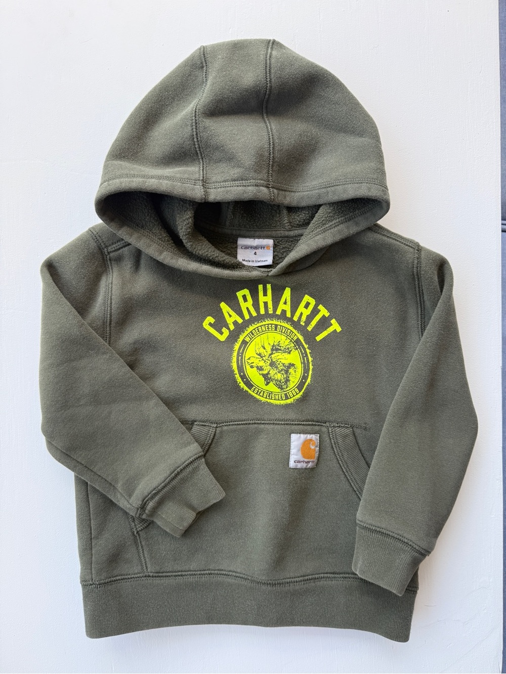 Carhartt Kids Olive Green Hoodie with Bright Yellow Logo